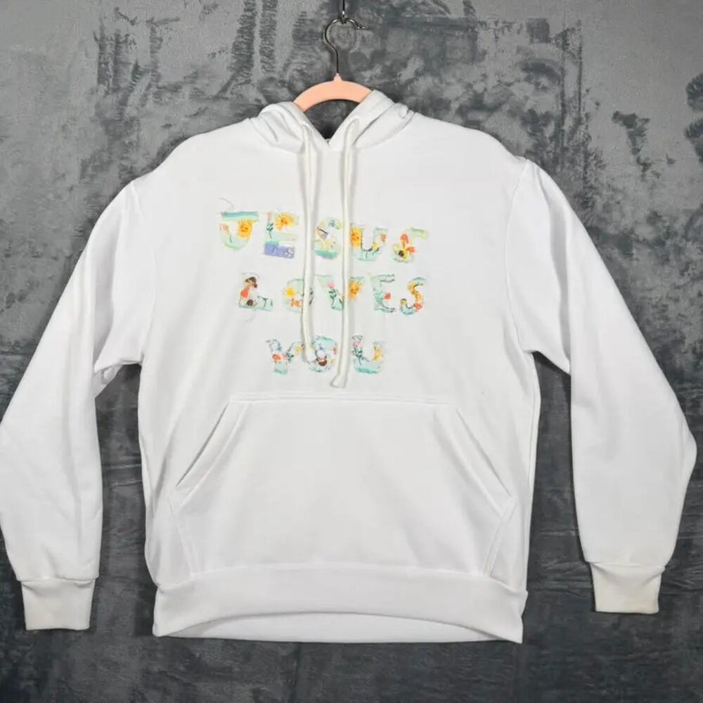 Vapor Apparel Jesus Loves You Hoodie Unisex Size S White Patchwork Graphic‎